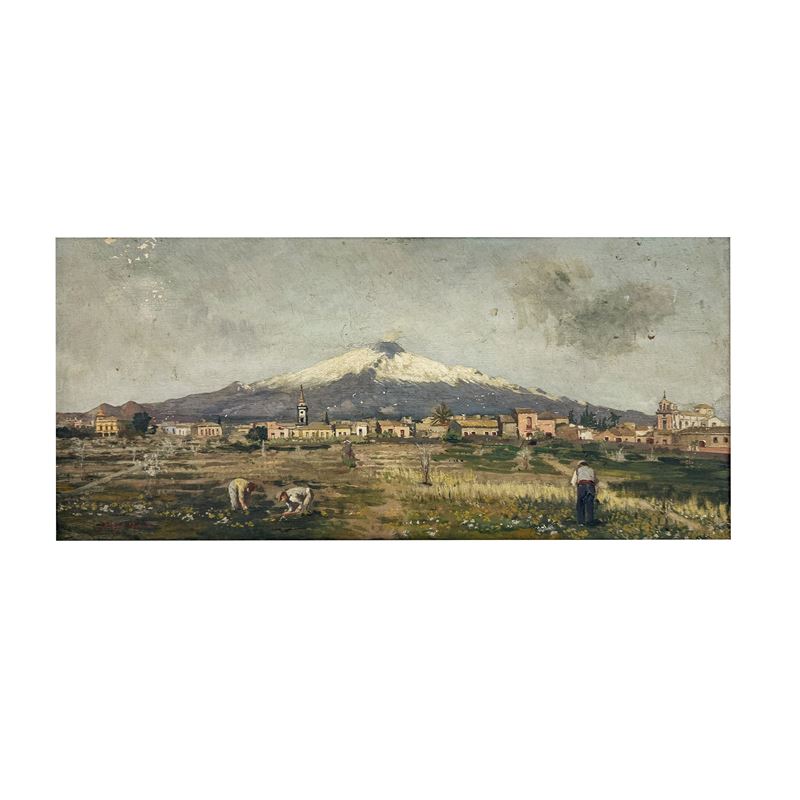 Sebastiano Conti Consoli, Paesaggio con l’Etna, olio su compensato