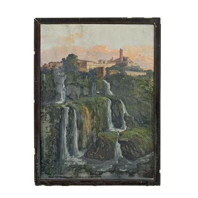 Pittore del XIX secolo, Veduta di Tivoli con le cascate dell’Aniene