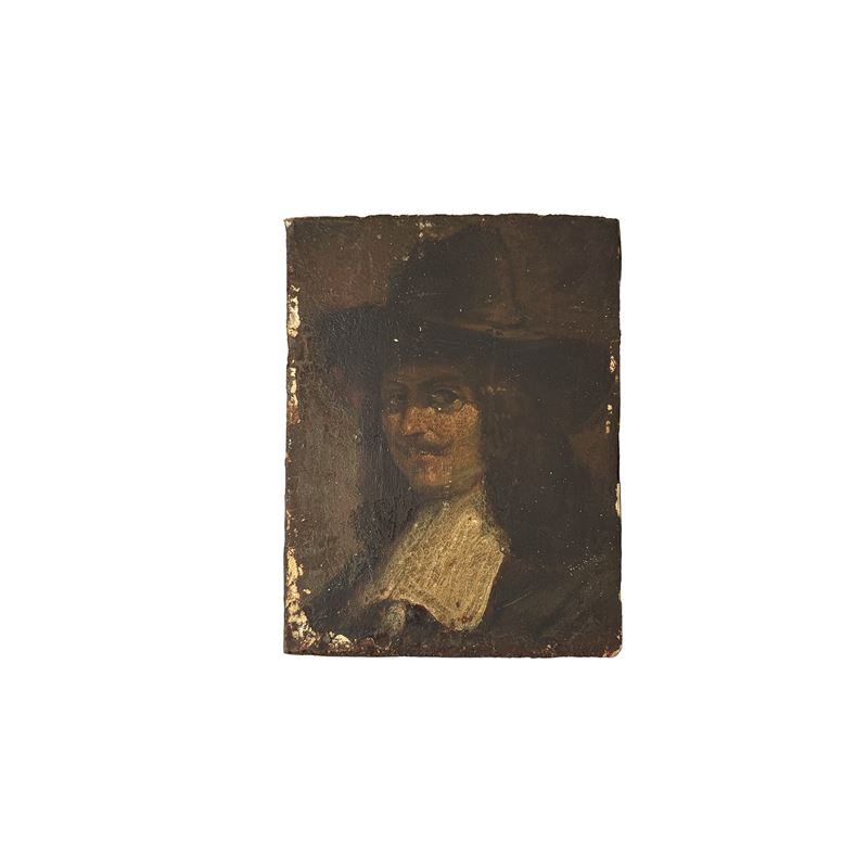 Pittore degli inizi del XVIII secolo, Ritratto di uomo con baffi e cappello, olio su tavola