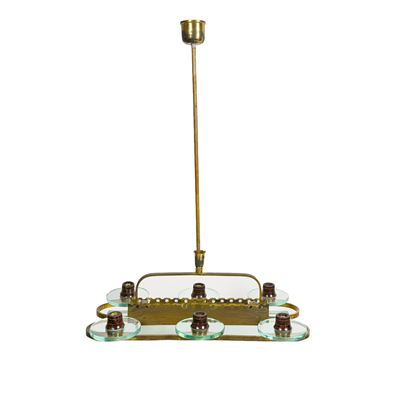 Lampadario in Vetro e Ottone a Sei Luci, Anni '40