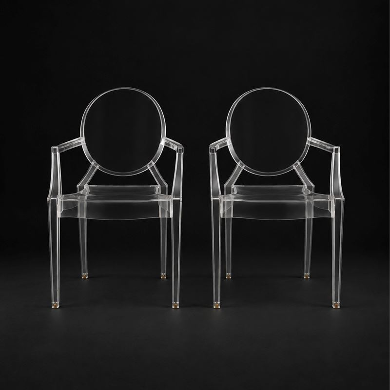 Philippe Starck per Kartell, Coppia di poltrone impilabili “Louis Ghost” in plexiglas