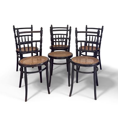 Josef Hoffmann, Sei sedie in faggio ebanizzato curvato a fuoco, Vienna, inizi del XX secolo