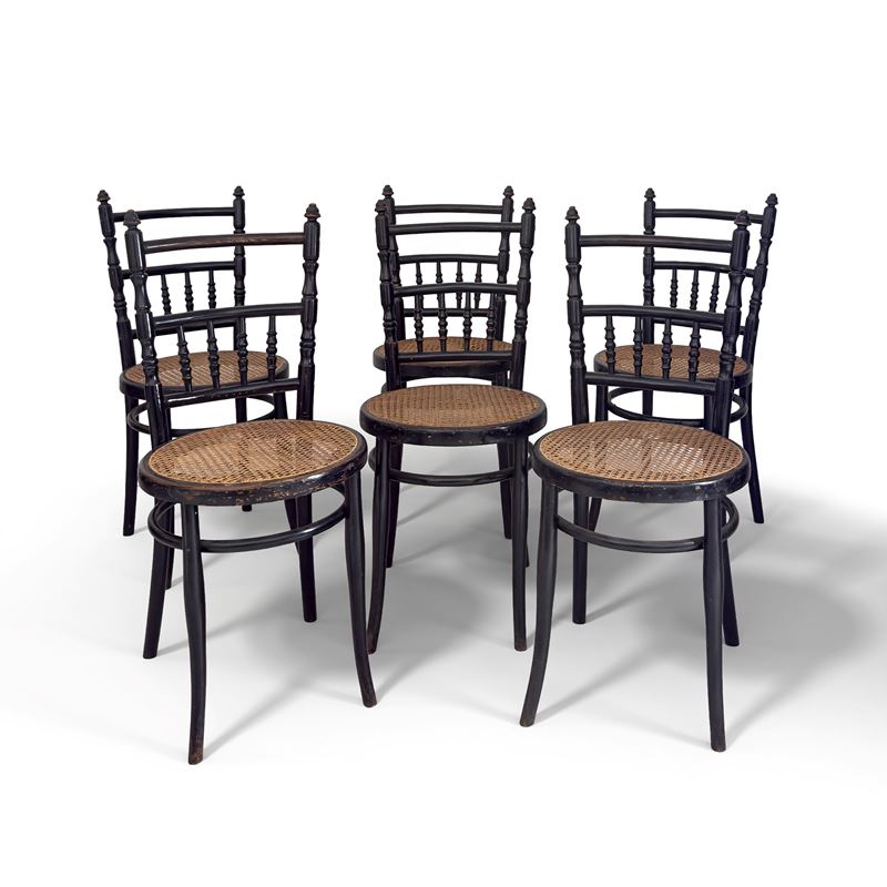 Josef Hoffmann, Sei sedie in faggio ebanizzato curvato a fuoco, Vienna, inizi del XX secolo