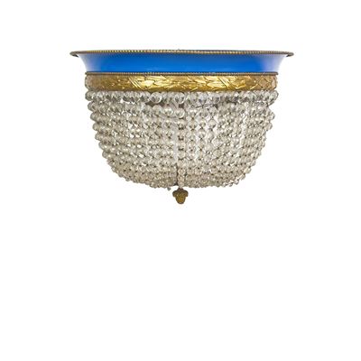 Plafoniera circolare, struttura in metallo dorato e laccato azzurro con cascatelle in vetro sfacc...