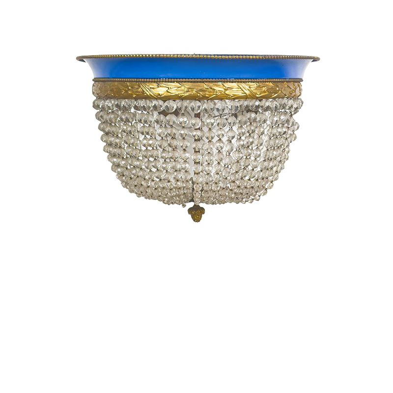 Plafoniera circolare, struttura in metallo dorato e laccato azzurro con cascatelle in vetro sfacc...