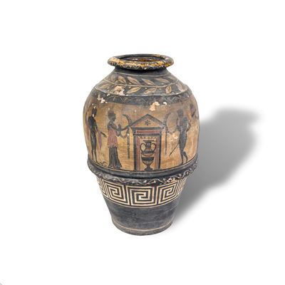 Vaso in terracotta, corpo ovoidale decorato a figure classiche nere