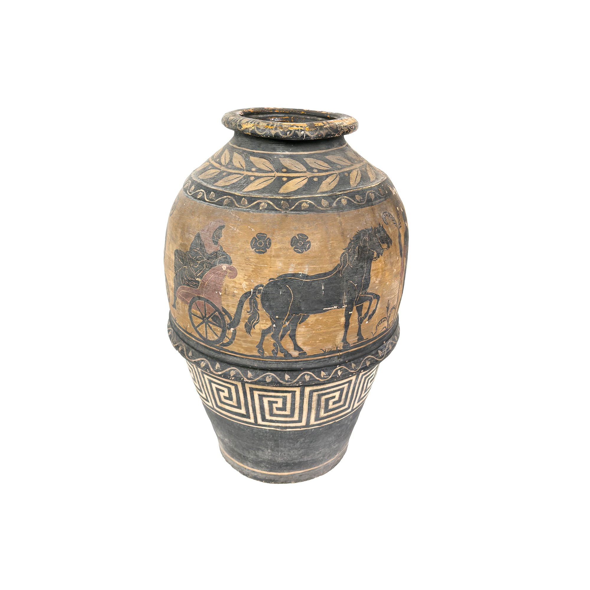Vaso in terracotta, corpo ovoidale decorato a figure classiche nere
