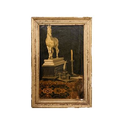Pittore del XIX secolo, Natura morta con scultura, calamaio e candeliere su tappeto