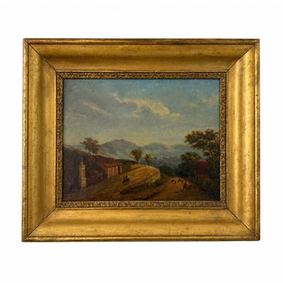 Pittore del XIX secolo, Strada di campagna con edicola e figure, olio su tela