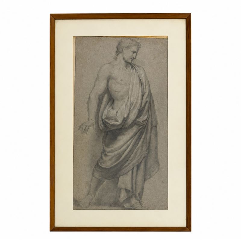 Figura panneggiata, disegno a matita e biacca su carta grigia, fine del XVIII secolo