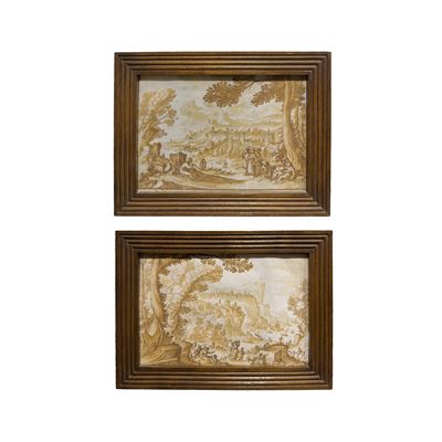 Paul Bril, Coppia di disegni a inchiostro bruno su pergamena con marina e vedute di paese
