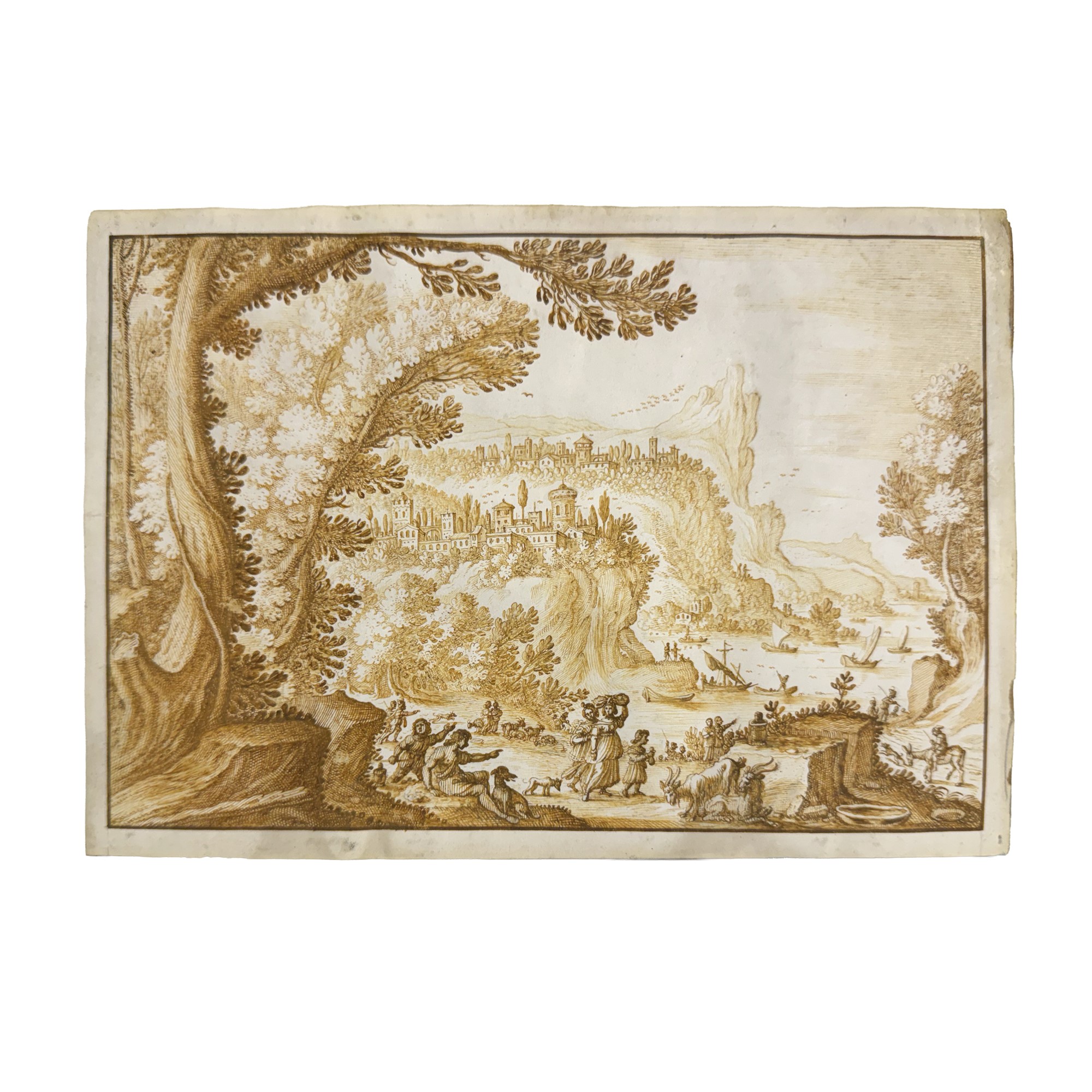 Paul Bril, Coppia di disegni a inchiostro bruno su pergamena con marina e vedute di paese