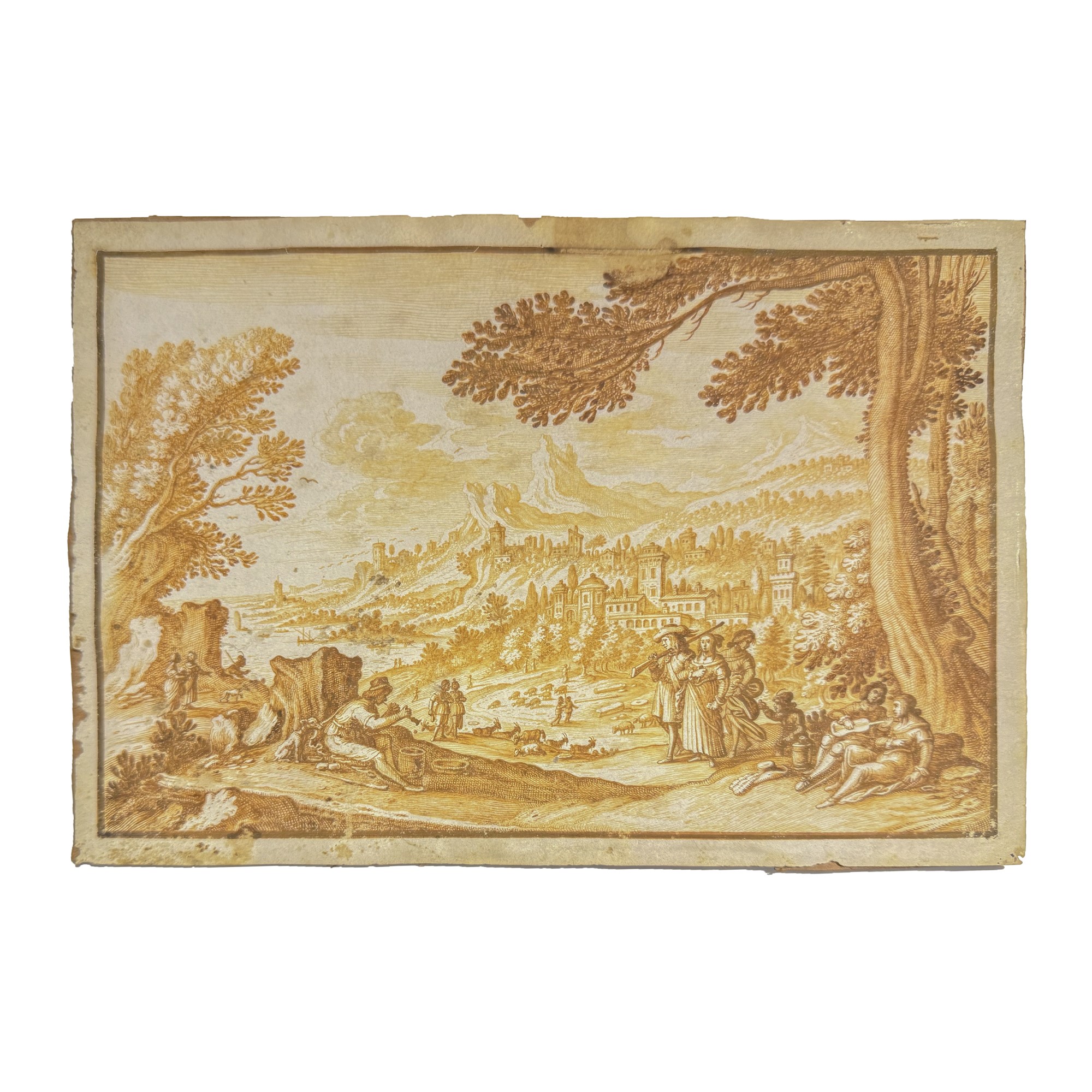 Paul Bril, Coppia di disegni a inchiostro bruno su pergamena con marina e vedute di paese