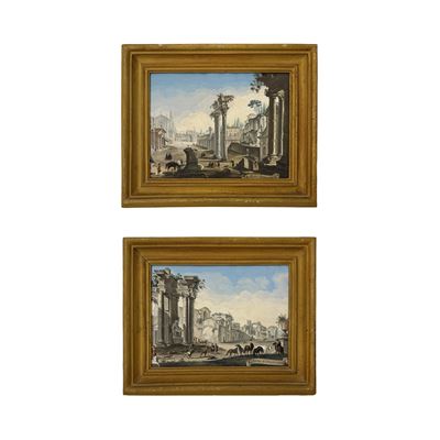 Giovanni Battista Busiri (attr.), Coppia di vedute di Roma in tempera su pergamena