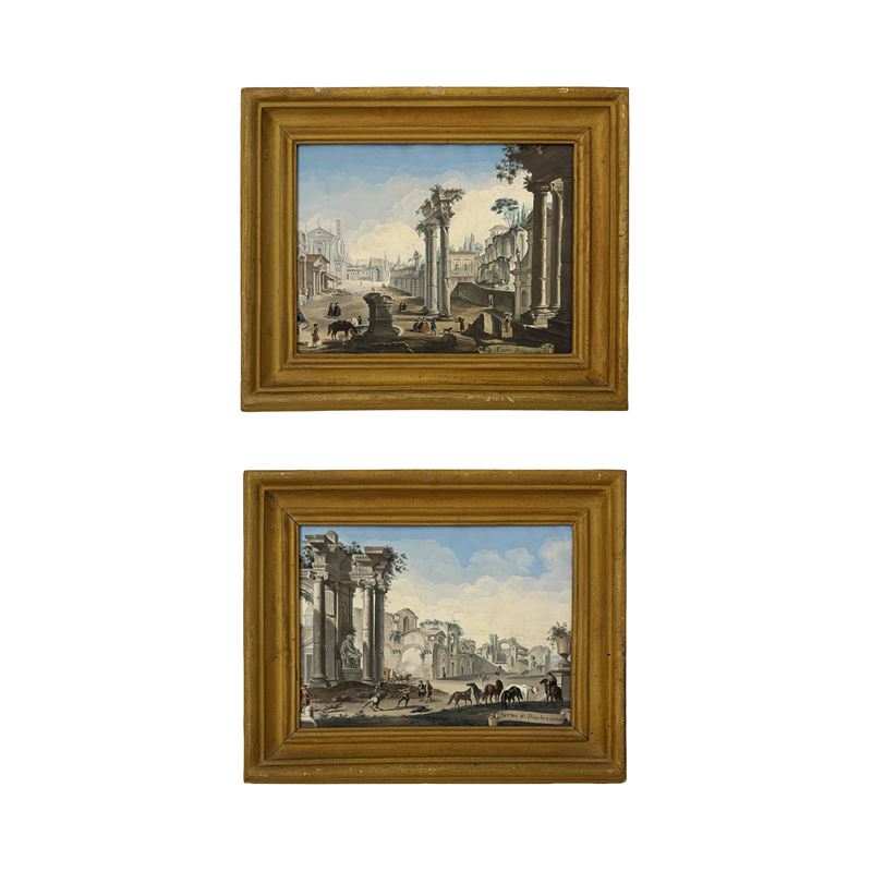 Giovanni Battista Busiri (attr.), Coppia di vedute di Roma in tempera su pergamena