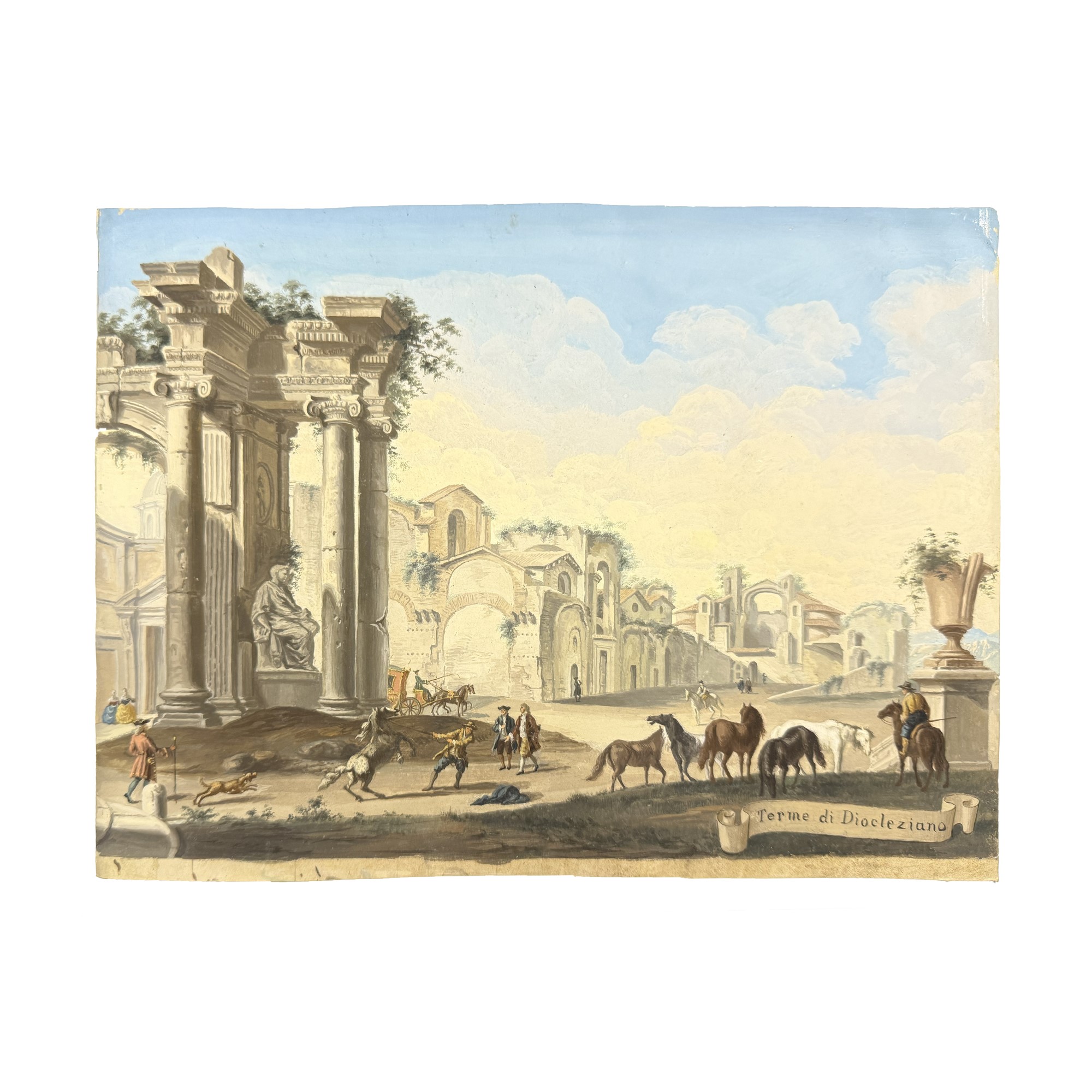 Giovanni Battista Busiri (attr.), Coppia di vedute di Roma in tempera su pergamena