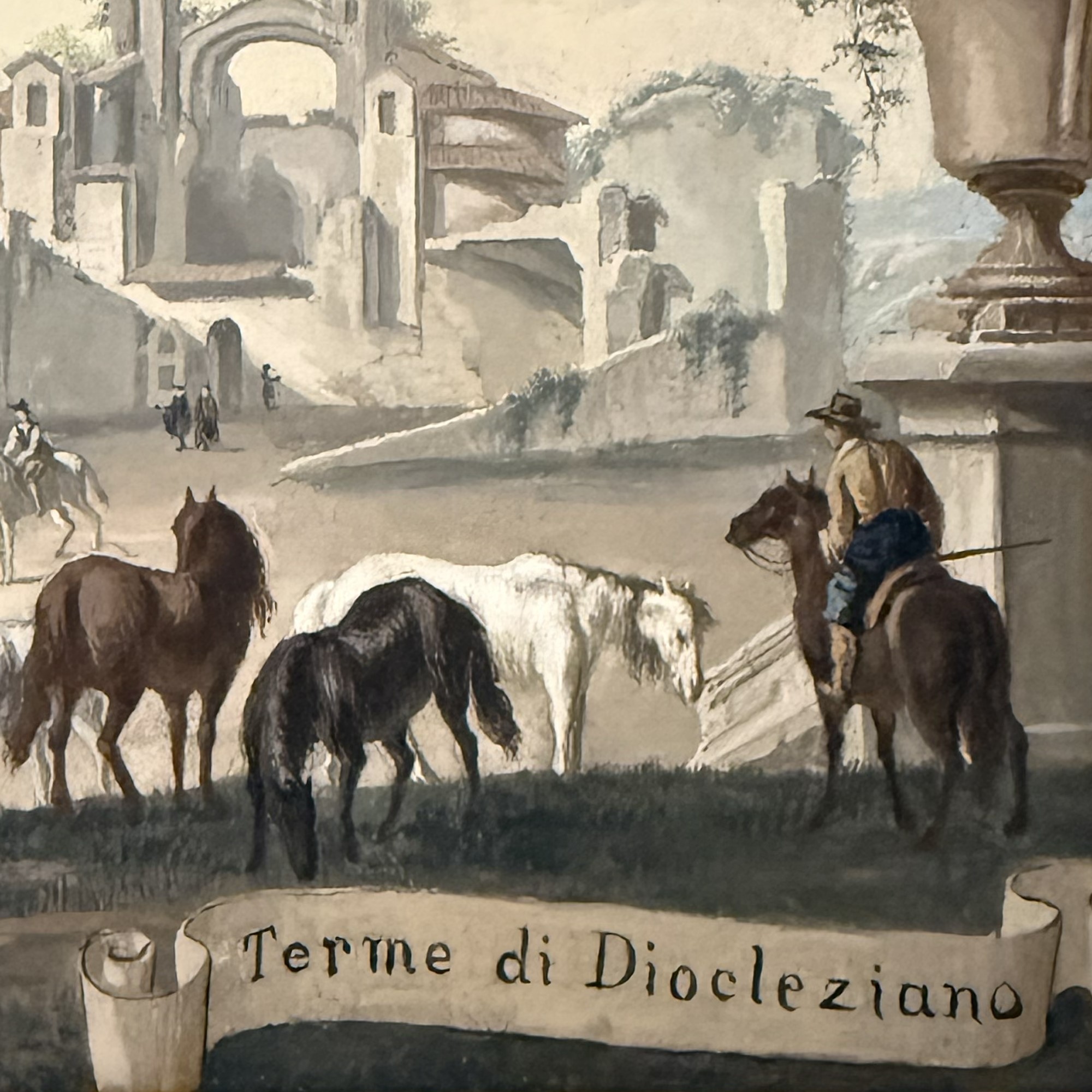 Giovanni Battista Busiri (attr.), Coppia di vedute di Roma in tempera su pergamena