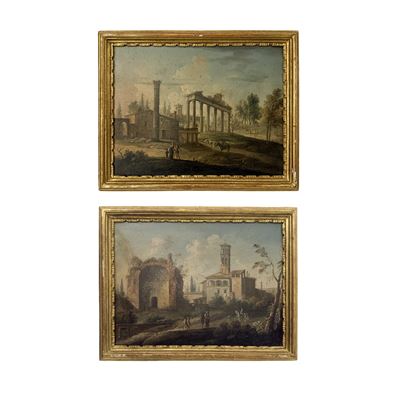 Paolo Anesi, Vedute della Roma antica (Tempio del Sole e della Luna; Tempio della Concordia), cop...