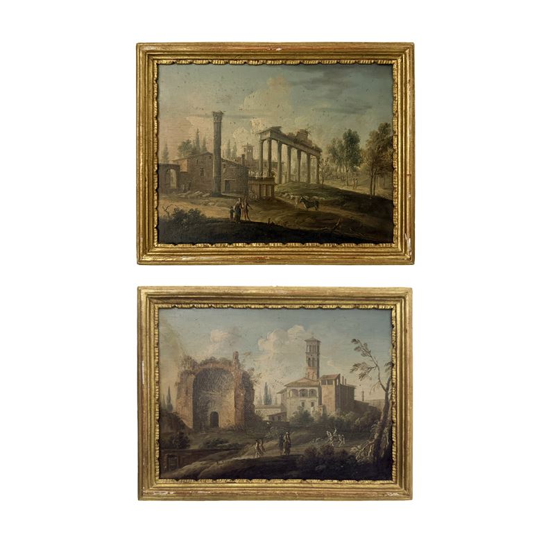 Paolo Anesi, Vedute della Roma antica (Tempio del Sole e della Luna; Tempio della Concordia), cop...