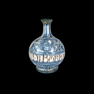 Vaso da farmacia, maiolica bianca e blu con decorazione a santo e cartiglio, Marche, XVII secolo