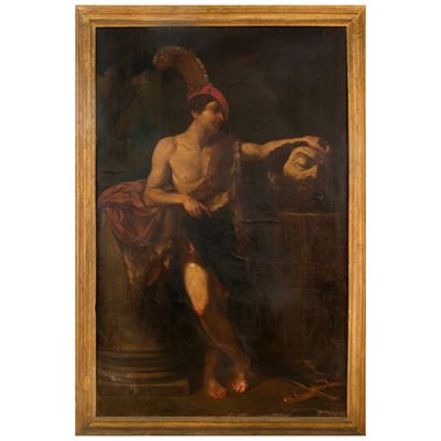 Pittore romano o emiliano di fine XVII secolo, David con la testa di Golia, olio su tela