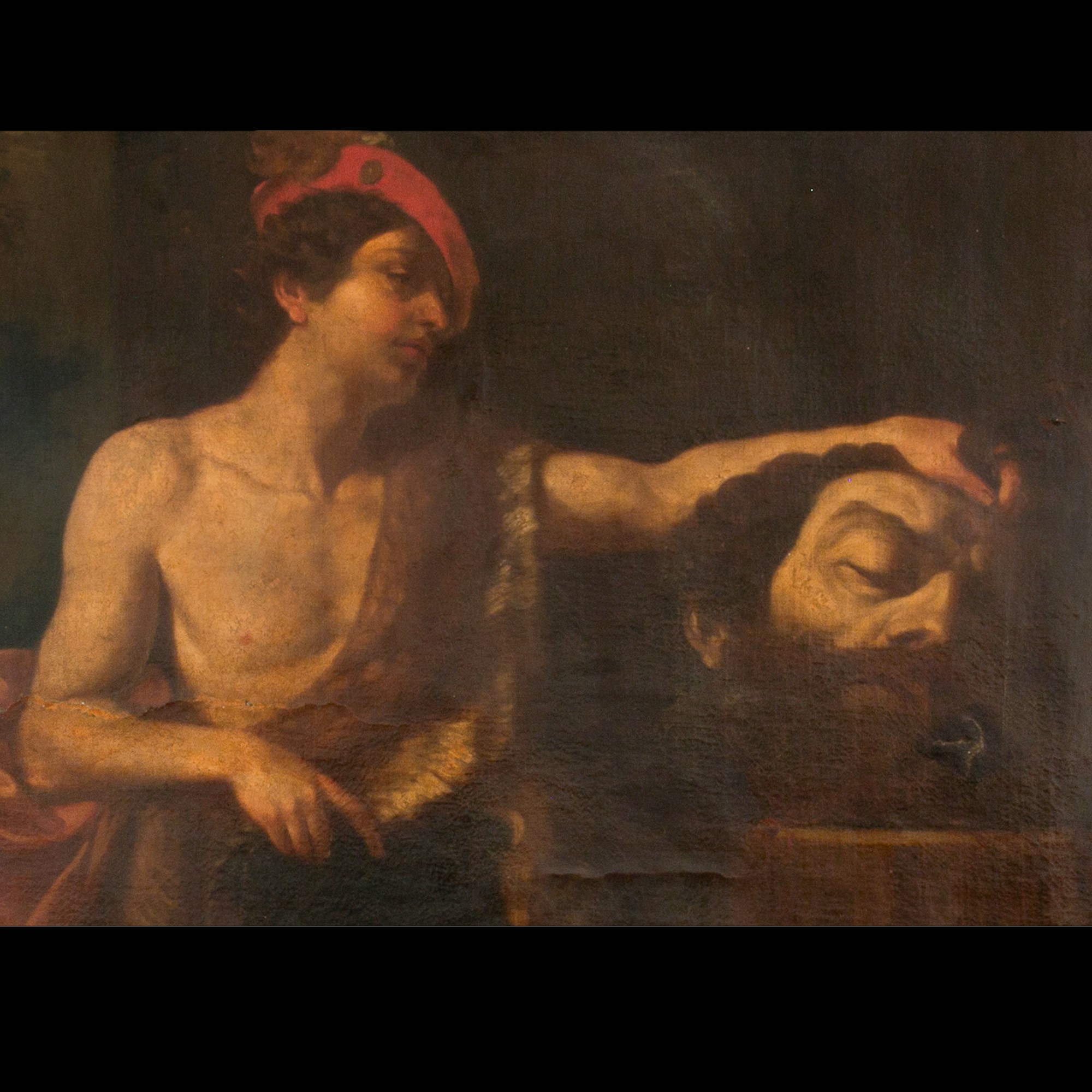 Pittore romano o emiliano di fine XVII secolo, David con la testa di Golia, olio su tela