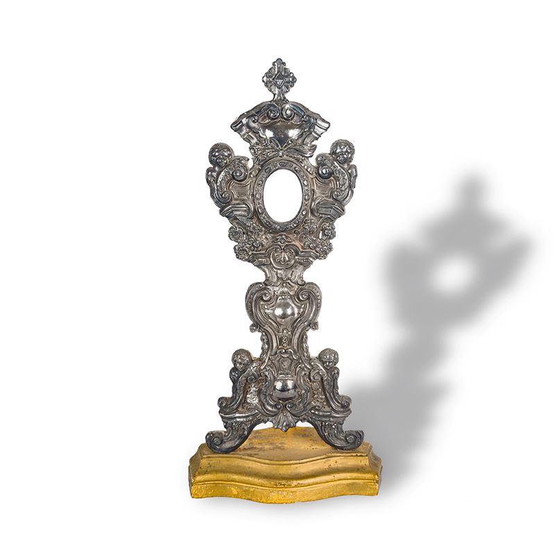 Ostensorio, legno rivestito in lamina d’argento, Roma, inizi del XIX secolo