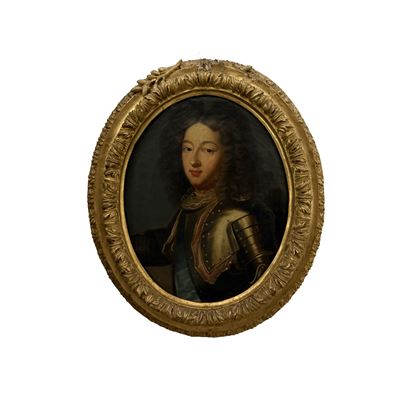 Pittore francese del XVIII secolo, Ritratto di giovane nobile in armatura (olio su tela a sesto o...