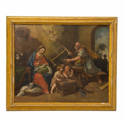 Pittore romano del XVIII secolo, Sacra Famiglia con San Giuseppe falegname e San Giovannino