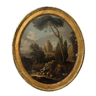 Andrea Locatelli (attrib.), Paesaggio con rovine e figure in sesto ovale, olio su tela