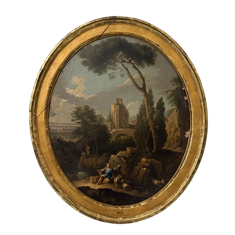 Andrea Locatelli (attrib.), Paesaggio con rovine e figure in sesto ovale, olio su tela