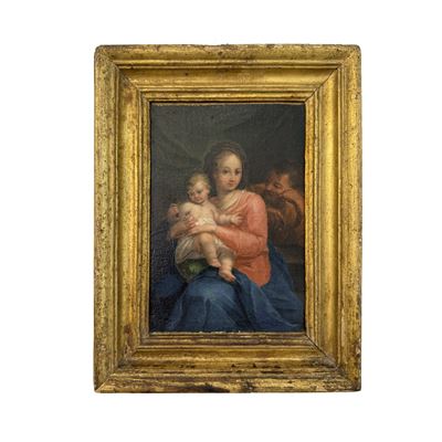 Pittore emiliano degli inizi del XVIII secolo, Sacra Famiglia, olio su tela entro cornice in legn...