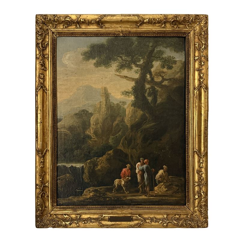Jan de Momper, detto Monsù X, Paesaggio con figure e cane, olio su tela