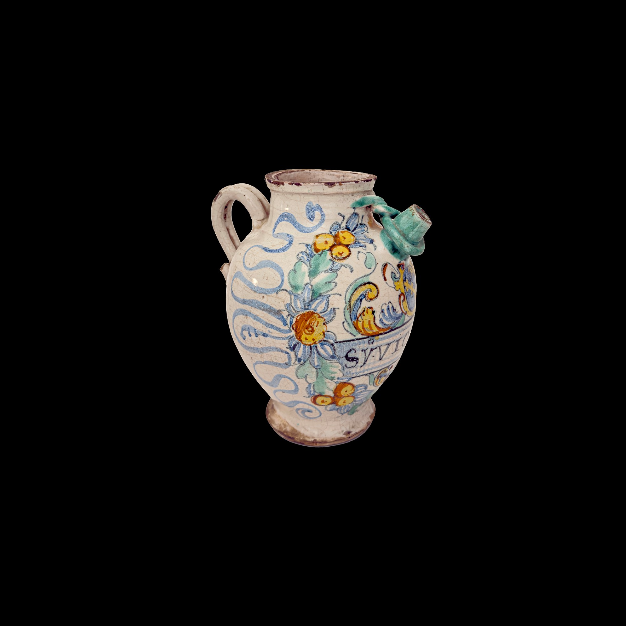 Deruta, Versatoio monoansato in maiolica bianca e policroma, 1615