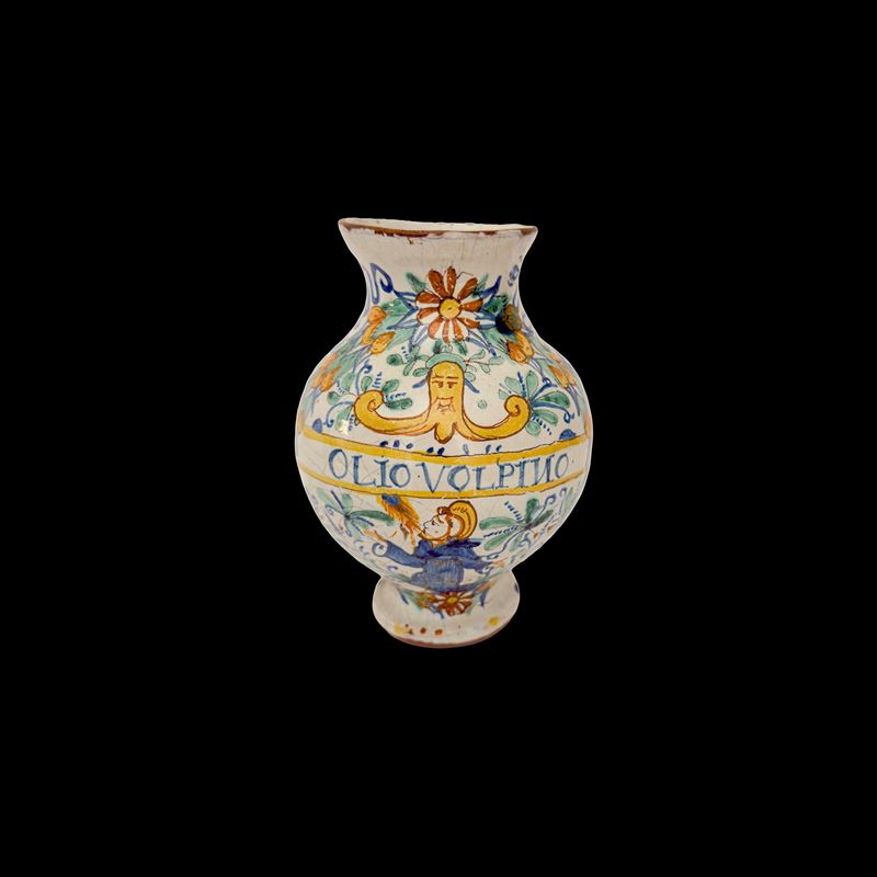 Deruta, Vaso da farmacia in maiolica policroma con iscrizione “OLIO VOLPINO”, XVII secolo