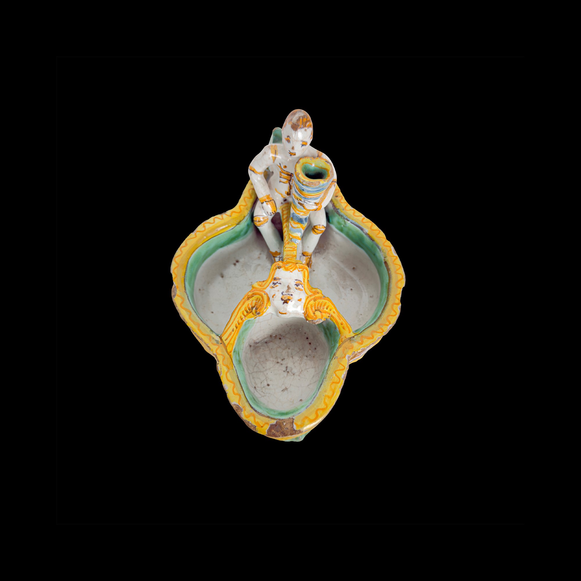 Deruta, Calamaio quadrilobato in maiolica bianca e policroma, XVII secolo