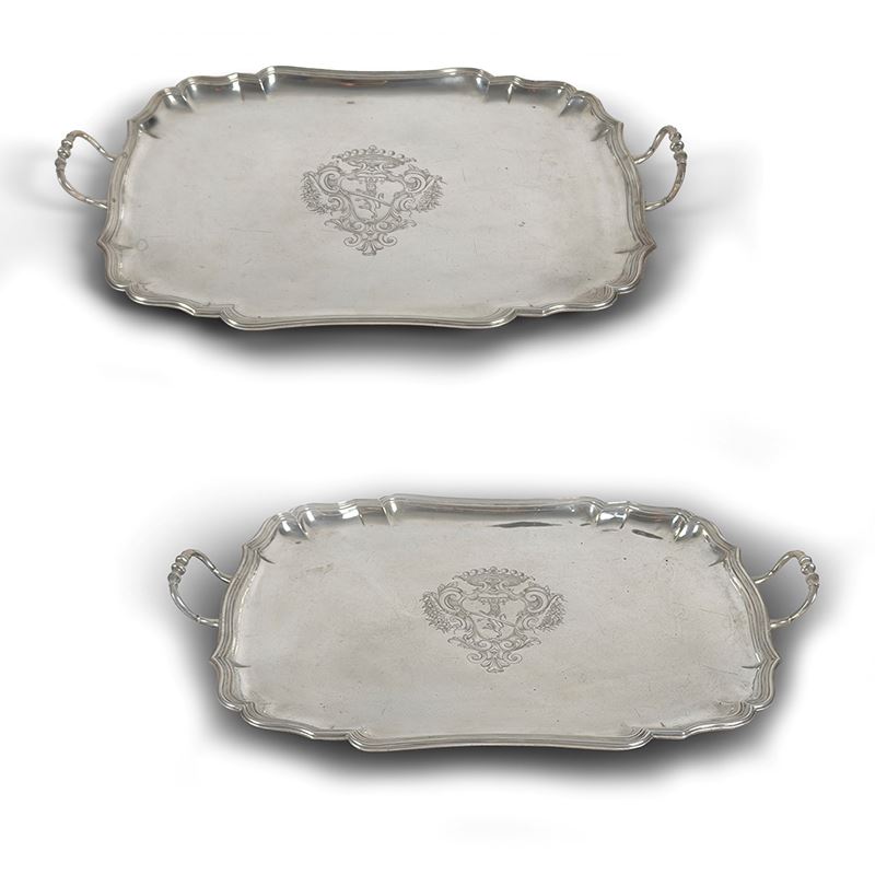 Francesco Beislach (1702-1762) e Antonio Arrighi II (1733-1776), Coppia di vassoi in argento, Rom...