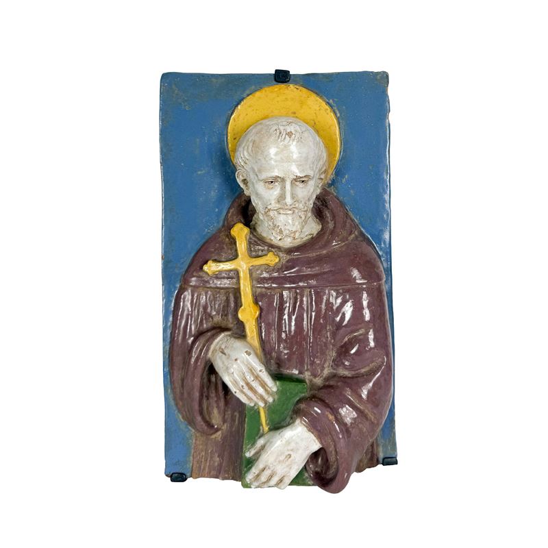 Bottega di Giovanni della Robbia, Firenze, Placca raffigurante San Francesco, maiolica policroma ...
