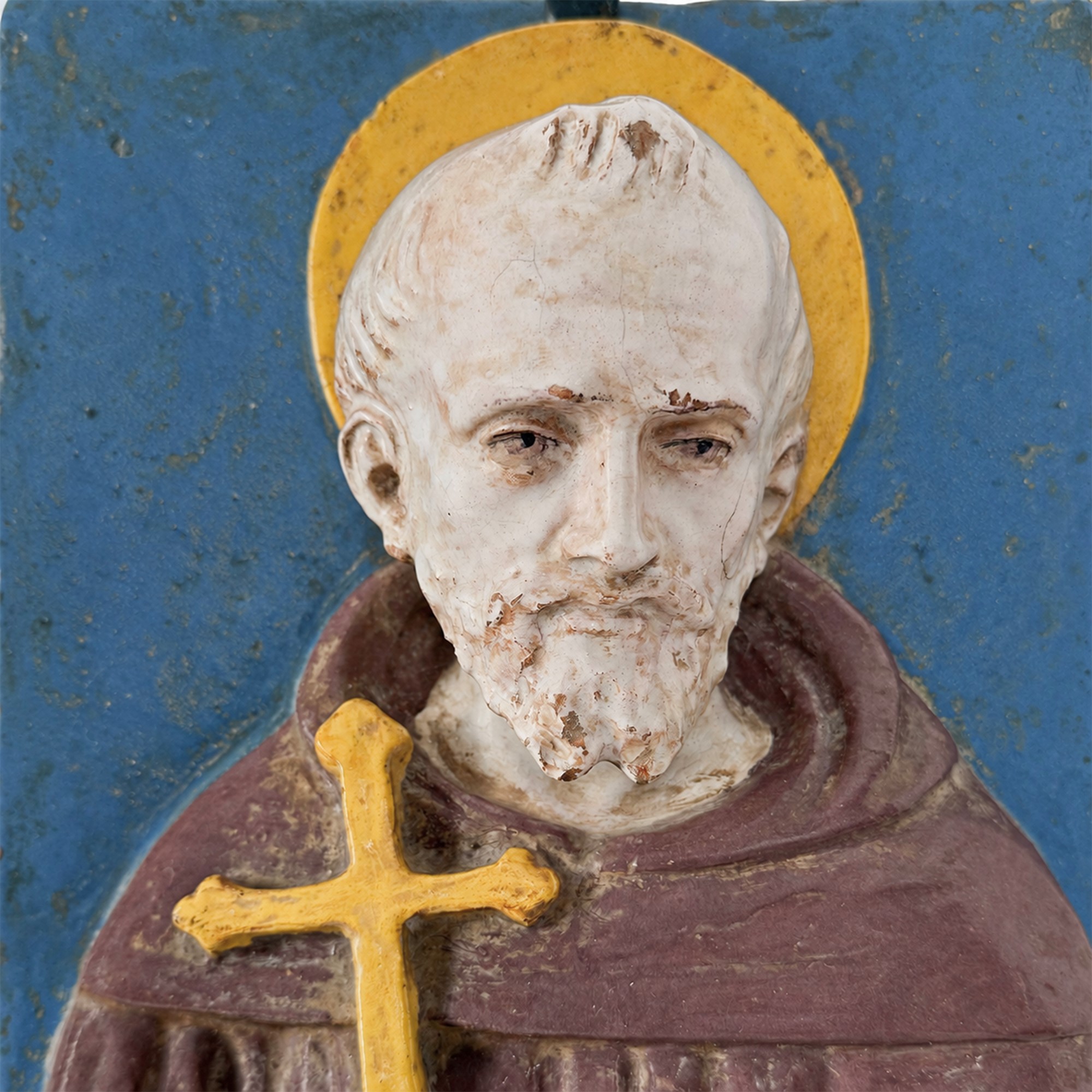 Bottega di Giovanni della Robbia, Firenze, Placca raffigurante San Francesco, maiolica policroma ...