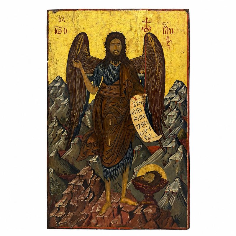 Icona di San Giovanni Battista come Angelo del Deserto, tempera all’uovo su tavola, a fondo oro (...
