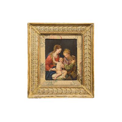 Pittore romano del XVII secolo, Sposalizio mistico di Santa Caterina, olio su tavola