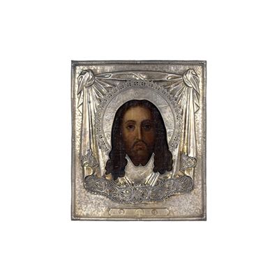 Mandylion, icona con riza in argento parzialmente dorato e filigrana, Mosca, 1870