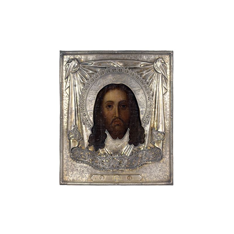 Mandylion, icona con riza in argento parzialmente dorato e filigrana, Mosca, 1870