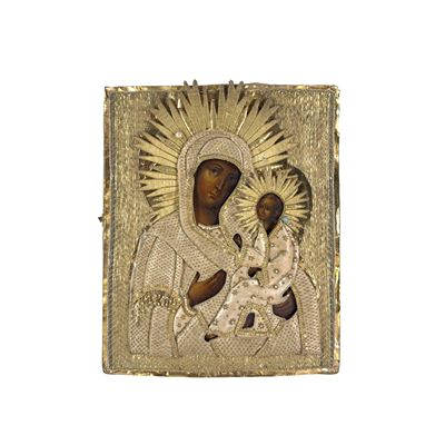 Icona della Madre di Dio di Tichvin, tempera all’uovo su tavola con riza in laminato dorato e arg...