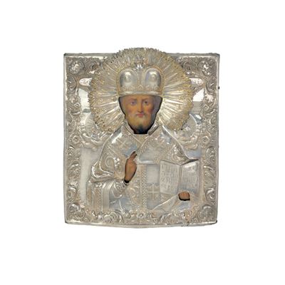 Semen Dyemyentiev, San Nicola, icona con riza in argento (Mosca, 1845)