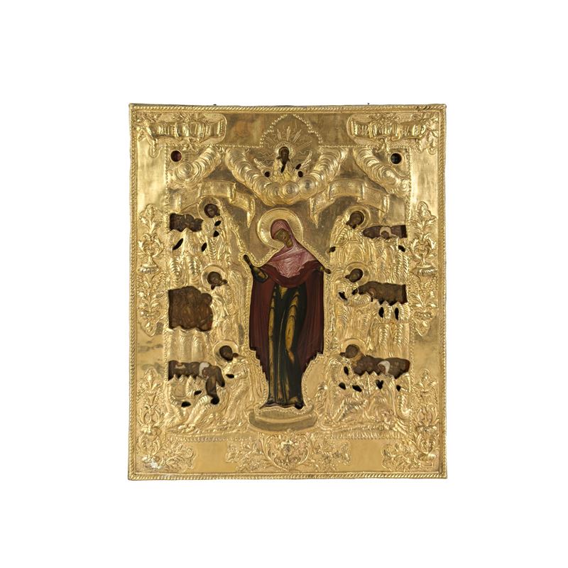 Icona della Madre di Dio Gioia degli Afflitti, tempera all’uovo su tavola con riza in metallo dor...