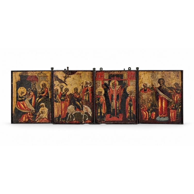 Polittico con feste, icona, Russia centrale, tempera all’uovo su tavola (inizi XIX secolo)