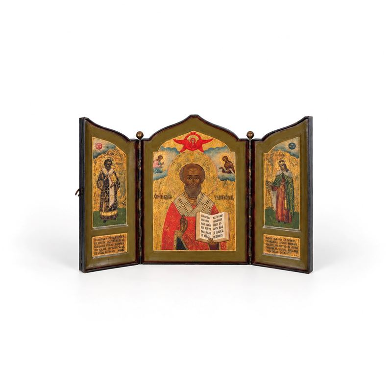 Trittico da viaggio con San Nicola, tempera all’uovo su tavola, icona, Mosca, inizi del XIX secol...