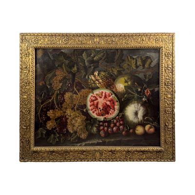 Giuseppe Ruoppolo, Natura morta con cocomero spaccato e frutta, olio su tela