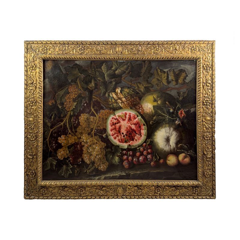 Giuseppe Ruoppolo, Natura morta con cocomero spaccato e frutta, olio su tela